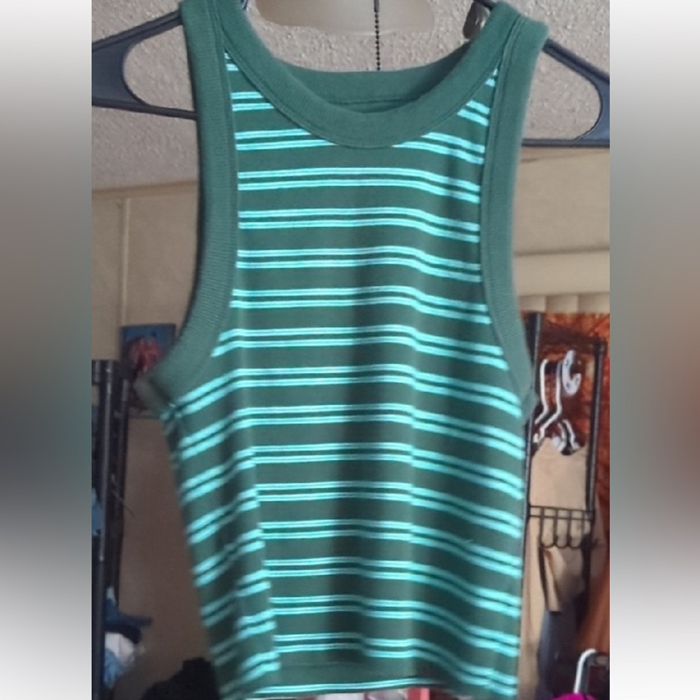 💚 Aerie Striped Racerback Tank Top | Green Ribbed Sleeveless | Size Large